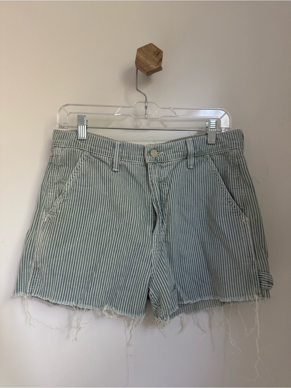 MOTHER Light Blue Striped Frayed-Hem Denim Shorts